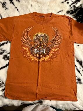 Y2K Harley-Davidson🔥 Men’s Orange Graphic Eagle Tee Sz medium
